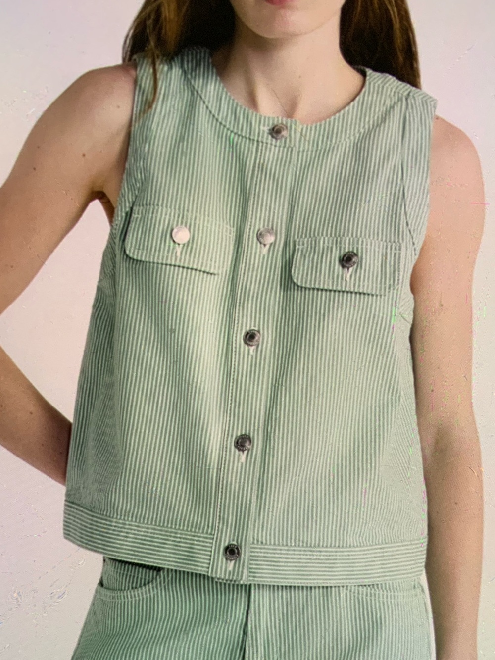 Sleeveless Striped Button-Front Vest in Mint Green SZ XXl